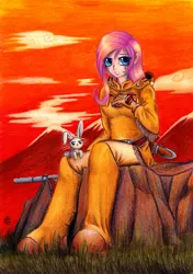 Size: 900x1275 | Tagged: angel bunny, artist:lavosvsbahamut, clothes, crossover, derpibooru import, female, fluttershy, human, humanized, looking at you, nausicaa of the valley of the wind, safe, sitting, skirt, studio ghibli, traditional art