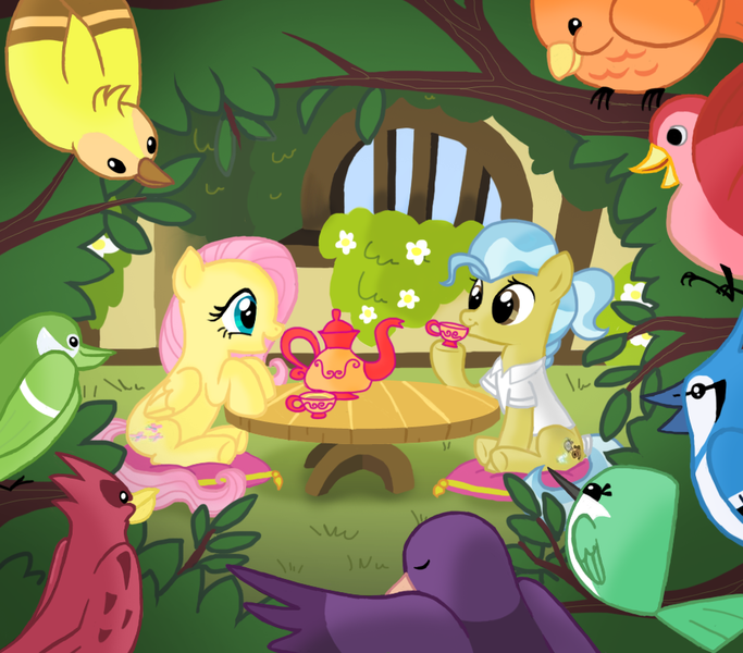 Size: 954x838 | Tagged: safe, artist:peppersupreme, derpibooru import, constance, doctor fauna, fluttershy, bird, blue jay, earth pony, hummingbird, pegasus, pony, cup, female, mare, pillow, sitting, teacup, teapot