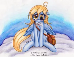 Size: 750x583 | Tagged: safe, artist:lavosvsbahamut, derpibooru import, derpy hooves, pegasus, pony, bag, blushing, cloud, female, floppy ears, letter, looking at you, love letter, mare, sitting, solo, traditional art
