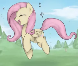Size: 1518x1276 | Tagged: safe, artist:soulspade, derpibooru import, fluttershy, pegasus, pony, cute, eyes closed, female, grass, happy, mare, music notes, open mouth, shyabetes, singing, skipping, sky, solo, tree
