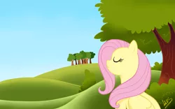 Size: 1280x800 | Tagged: dead source, safe, artist:nana-z, derpibooru import, fluttershy, pegasus, pony, calm, eyes closed, female, mare, meditation, outdoors, relaxing, smiling, solo, tree