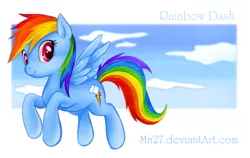 Size: 675x427 | Tagged: safe, artist:mn27, derpibooru import, rainbow dash, pegasus, pony, blue text, female, flying, happy, mare, sky, solo