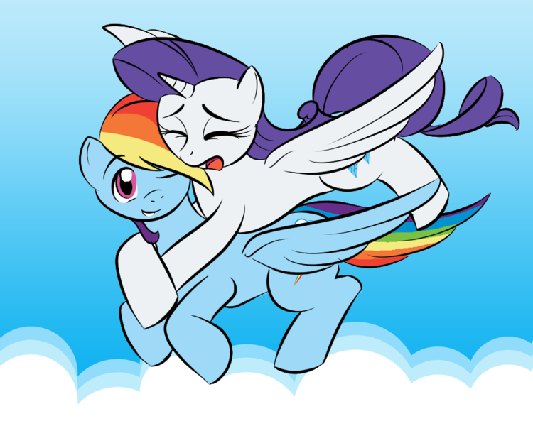 Size: 1000x800 | Tagged: safe, artist:kloudmutt, derpibooru import, rainbow dash, rarity, alicorn, pegasus, pony, alicornified, eyes closed, female, flying, flying lesson, lesbian, mare, ponies riding ponies, race swap, raricorn, raridash, scared, shipping, sky, wings