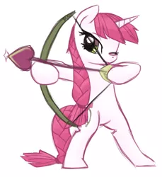 Size: 776x849 | Tagged: safe, artist:needsmoarg4, derpibooru import, lovestruck, pony, unicorn, aiming, bipedal, bow (weapon), female, mare, one eye closed, simple background, solo, white background