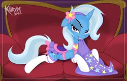 Size: 2500x1600 | Tagged: suggestive, artist:killryde, derpibooru import, trixie, pony, unicorn, bedroom eyes, biting, bow, clothes, couch, female, floppy ears, hat, looking at you, mare, prone, saddle, sexy saddle, socks, solo, solo female, tail bow