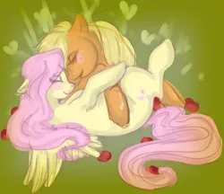 Size: 737x638 | Tagged: safe, artist:donenaya, derpibooru import, applejack, fluttershy, earth pony, pegasus, pony, abstract background, appleshy, blushing, eyes closed, female, lesbian, mare, missing accessory, on back, shipping, smiling