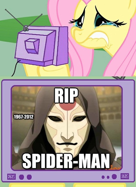 Size: 563x771 | Tagged: safe, derpibooru import, fluttershy, pegasus, pony, amon, crying, exploitable meme, female, fluttercry, lip bite, mare, meme, spider-man, the legend of korra, tv meme, vector