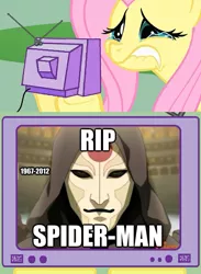 Size: 563x771 | Tagged: safe, derpibooru import, fluttershy, pegasus, pony, amon, crying, exploitable meme, female, fluttercry, lip bite, mare, meme, spider-man, the legend of korra, tv meme, vector