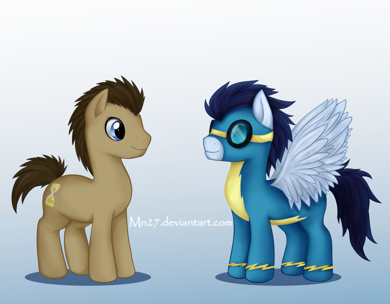 Size: 1539x1200 | Tagged: source needed, useless source url, safe, artist:mn27, derpibooru import, doctor whooves, soarin', time turner, earth pony, pegasus, pony, duo, goggles, gradient background, male, stallion, wonderbolts