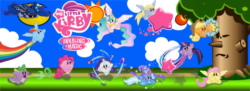 Size: 900x330 | Tagged: safe, artist:jrk08004, derpibooru import, applejack, derpy hooves, fluttershy, pinkie pie, princess celestia, princess luna, rainbow dash, rarity, spike, trixie, twilight sparkle, pony, unicorn, crossover, kirby, kirby (character), kirby applejack, kirby celestia, kirby dash, kirby derpy, kirby fluttershy, kirby luna, kirby pie, kirby rarity, kirby spike, kirby trixie, kirby twilight, kirbyfied, mane seven, mane six, my little x, species swap, whispy woods