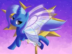 Size: 2000x1500 | Tagged: safe, artist:reuniclus, derpibooru import, trixie, pony, unicorn, butterfly wings, female, flying, lidded eyes, mare, smiling, solo, wings