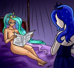 Size: 2000x1821 | Tagged: artist:megasweet, barefoot, bed, breasts, busty princess celestia, casual nudity, clothed female nude female, comic:luna's magic wand, derpibooru import, duo, duo female, feet, female, glasses, human, humanized, lidded eyes, newspaper, nudity, on back, princess celestia, princess luna, smiling, suggestive, tan