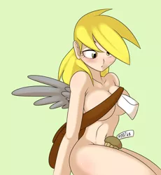 Size: 3820x4150 | Tagged: artist:kloudmutt, belly button, breasts, busty derpy hooves, derpibooru import, derpy hooves, female, human, humanized, mailbag, muffin, nudity, simple background, solo, solo female, strategically covered, suggestive, winged humanization