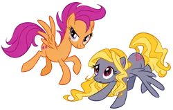 Size: 910x579 | Tagged: safe, artist:intergalacticrush, derpibooru import, lily blossom, scootaloo, pegasus, pony, alternate cutie mark, duo, duo female, female, flying, mare, older, scootaloo can fly, simple background, transparent background