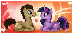 Size: 1024x480 | Tagged: dead source, safe, artist:mn27, derpibooru import, doctor whooves, time turner, twilight sparkle, earth pony, pony, unicorn, abstract background, daisy (flower), doctwi, female, flower, flower in mouth, heart, male, mare, mouth hold, prone, shipping, stallion, straight, unicorn twilight