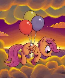 Size: 1088x1309 | Tagged: safe, artist:raunchyopposition, derpibooru import, scootaloo, pegasus, pony, backlighting, balloon, cloud, cloudy, female, filly, flying, ocean, scootaloo can't fly, sunset, water