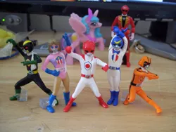 Size: 638x480 | Tagged: battle cossack, battle fever, battle france, battle japan, battle kenya, derpibooru import, gokaiger, gokaired, irl, mcdonald's happy meal toys, mrs. america, photo, princess celestia, safe, super sentai, toy