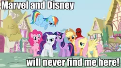 Size: 500x281 | Tagged: safe, derpibooru import, applejack, fluttershy, pinkie pie, rainbow dash, rarity, twilight sparkle, earth pony, pegasus, pony, unicorn, 60s spider-man, female, image macro, mane six, mare, meme, ponyville, spider-man