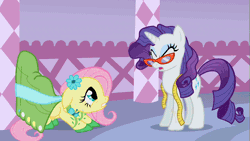 Size: 853x480 | Tagged: safe, derpibooru import, screencap, fluttershy, rarity, pegasus, pony, unicorn, suited for success, animated, carousel boutique, duo, duo female, female, gif, glasses, mare, measuring tape, messy mane, rarity's glasses, stomping