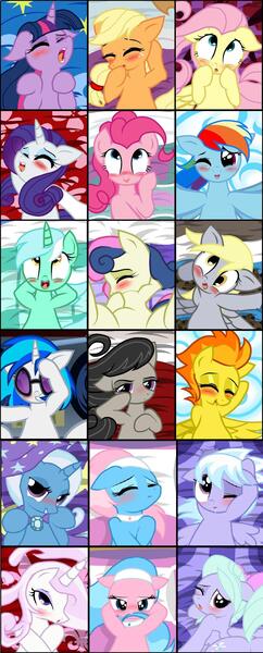 Size: 976x2424 | Tagged: source needed, suggestive, artist:pyruvate, derpibooru import, aloe, applejack, bon bon, cloudchaser, derpy hooves, fleur-de-lis, flitter, fluttershy, lotus blossom, lyra heartstrings, octavia melody, pinkie pie, rainbow dash, rarity, spitfire, sweetie drops, trixie, twilight sparkle, vinyl scratch, earth pony, pegasus, pony, unicorn, ahegao, artifact, blushing, female, implied sex, mane six, mare, on back, open mouth, orgasm, plot, pov