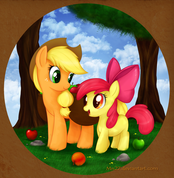 Size: 2292x2343 | Tagged: safe, artist:mn27, derpibooru import, apple bloom, applejack, earth pony, pony, apple, apple sisters, duo, female, filly, foal, high res, mare, siblings, sisters, tree