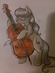 Size: 768x1024 | Tagged: safe, artist:briskby, derpibooru import, octavia melody, earth pony, pony, bipedal, cello, eyes closed, female, mare, musical instrument, traditional art, watercolor painting