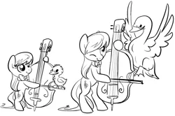 Size: 1280x848 | Tagged: safe, artist:briskby, derpibooru import, octavia melody, earth pony, pony, swan, bipedal, cello, female, filly, foal, mare, monochrome, musical instrument, pet, smiling, solo, younger