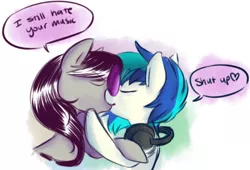 Size: 500x339 | Tagged: safe, artist:briskby, derpibooru import, octavia melody, vinyl scratch, earth pony, pony, unicorn, female, headphones, kissing, lesbian, mare, scratchtavia, shipping, tsundere