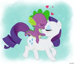 Size: 762x665 | Tagged: safe, artist:sugarkills, derpibooru import, rarity, spike, dragon, pony, unicorn, abstract background, blushing, dragons riding ponies, eyes closed, female, heart, interspecies, love, male, mare, riding, shipping, smiling, sparity, spikelove, straight