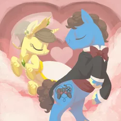 Size: 1259x1258 | Tagged: safe, artist:needsmoarg4, derpibooru import, oc, unofficial characters only, earth pony, pony, unicorn, clothes, eyes closed, female, male, mare, rearing, smiling, stallion, valentine