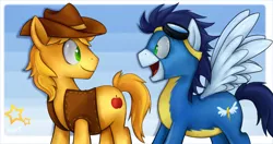 Size: 900x474 | Tagged: safe, artist:mn27, derpibooru import, braeburn, soarin', earth pony, pegasus, pony, abstract background, eye contact, gay, goggles, happy, looking at each other, male, shipping, soarburn, stallion, wonderbolts