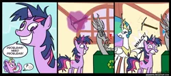 Size: 900x400 | Tagged: safe, artist:braindps, derpibooru import, discord, princess celestia, screwball, twilight sparkle, alicorn, earth pony, pony, unicorn, comic, dope slap, female, grin, mare, no pupils, pickaxe, smiling, twilight snapple