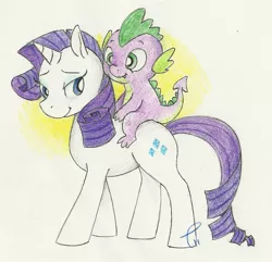 Size: 1293x1244 | Tagged: safe, artist:pitafish, derpibooru import, rarity, spike, dragon, pony, unicorn, dragons riding ponies, female, male, mare, riding, shipping, simple background, smiling, sparity, straight, traditional art, white background