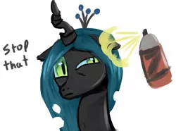 Size: 800x596 | Tagged: safe, artist:tggeko, derpibooru import, queen chrysalis, changeling, changeling queen, fanfic, bug spray, bust, dialogue, female, floppy ears, image, png, portrait, simple background, solo, squint, wat, white background
