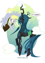 Size: 1280x1811 | Tagged: safe, artist:tarajenkins, derpibooru import, derpy hooves, queen chrysalis, changeling, changeling queen, pegasus, pony, cupidite, abstract background, dialogue, duo, duo female, eyes closed, fangs, female, floppy ears, flying, image, letter, mailbag, mare, mouth hold, png, smiling, speech bubble, tumblr link