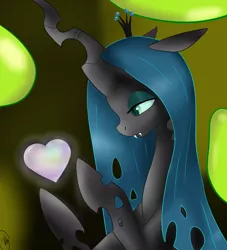 Size: 1000x1100 | Tagged: safe, artist:noodlefreak88, derpibooru import, queen chrysalis, changeling, changeling queen, changeling hive, fangs, female, floppy ears, heart, image, lidded eyes, png, signature, solo