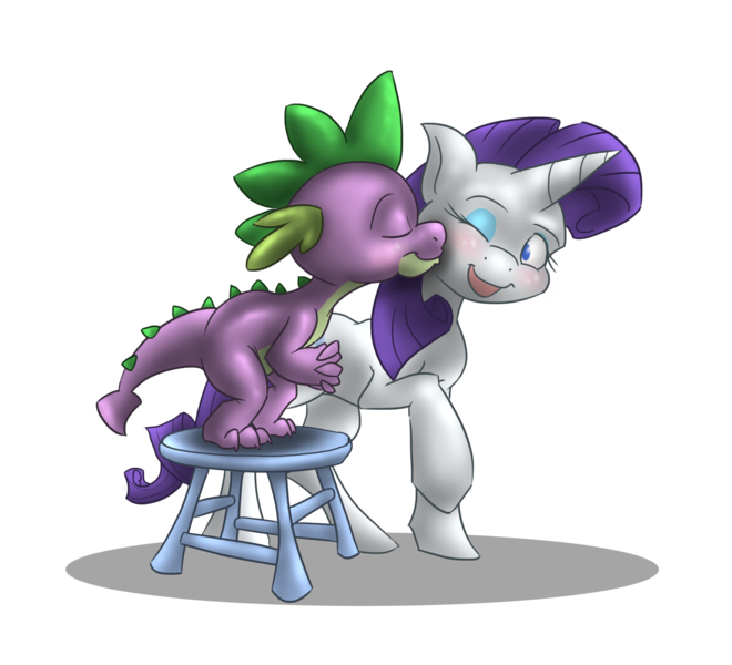 Size: 1730x1572 | Tagged: safe, artist:batlover800, derpibooru import, rarity, spike, dragon, pony, unicorn, blushing, female, interspecies, kiss on the cheek, kissing, male, mare, shipping, simple background, smiling, sparity, stool, straight, transparent background