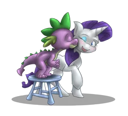 Size: 1730x1572 | Tagged: safe, artist:batlover800, derpibooru import, rarity, spike, dragon, pony, unicorn, blushing, female, interspecies, kiss on the cheek, kissing, male, mare, shipping, simple background, smiling, sparity, stool, straight, transparent background