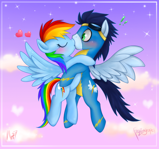 Size: 900x847 | Tagged: dead source, safe, artist:mn27, derpibooru import, edit, rainbow dash, soarin', pegasus, pony, blushing, female, flying, goggles, heart, kissing, male, mare, shipping, sky, soarindash, stallion, straight, surprise kiss, surprised, wonderbolts