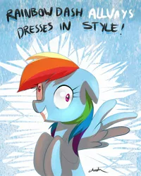 Size: 1889x2362 | Tagged: safe, artist:affanita, derpibooru import, rainbow dash, pegasus, pony, abstract background, contemplating insanity, derp, female, floppy ears, grin, insanity, mare, rainbow dash always dresses in style, smiling, solo, spread wings