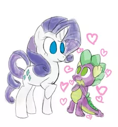 Size: 719x771 | Tagged: safe, artist:lolly-pop-girl732, derpibooru import, rarity, spike, dragon, pony, unicorn, female, interspecies, looking at each other, male, mare, no pupils, raised hoof, shipping, simple background, sparity, straight, white background