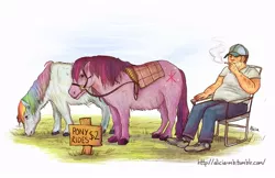 Size: 810x524 | Tagged: artist:alicia-mb, cigarette, derpibooru import, female, grazing, hoers, horse, human, human male, male, mare, pony ride, rainbow dash, realistic, reins, saddle, safe, shetland pony, smoking, twilight sparkle