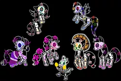 Size: 1200x805 | Tagged: safe, artist:violetmagician, derpibooru import, applejack, fluttershy, pinkie pie, rainbow dash, rarity, spike, twilight sparkle, dragon, earth pony, pegasus, pony, unicorn, black background, dia de los muertos, female, male, mane seven, maracas, mare, musical instrument, simple background, sombrero