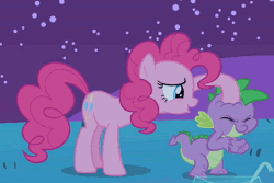 Size: 400x267 | Tagged: safe, derpibooru import, screencap, pinkie pie, spike, dragon, earth pony, pony, owl's well that ends well, animated, cute, duo, female, gif, male, mare, night, noogie, spikabetes