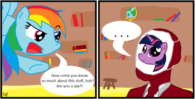 Size: 964x491 | Tagged: safe, artist:sir-croco, derpibooru import, rainbow dash, twilight sparkle, pegasus, pony, friendship is magic, comic, female, golden oaks library, mare, paper-thin disguise, scene parody, spy, team fortress 2, that twilight's a spy!