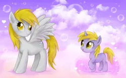 Size: 1280x794 | Tagged: safe, artist:mn27, derpibooru import, derpy hooves, dinky hooves, pegasus, pony, unicorn, blank flank, bubble, cloud, cloud walking spell, cutie mark, female, filly, foal, heart, hooves, horn, mare, mother and daughter, on a cloud, open mouth, raised hoof, sky, smiling, spread wings, standing on cloud, wings