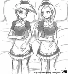 Size: 914x1000 | Tagged: artist:johnjoseco, bed, clothes, derpibooru import, duo, duo female, female, gilda, grayscale, human, humanized, looking at each other, maid, monochrome, on back, pillow, pinkamena diane pie, pinkie pie, safe