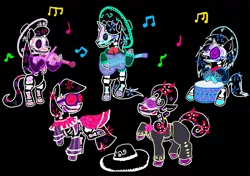 Size: 900x632 | Tagged: safe, artist:violetmagician, derpibooru import, hoity toity, lyra heartstrings, octavia melody, photo finish, vinyl scratch, earth pony, pony, unicorn, black background, dancing, dia de los muertos, drums, female, guitar, male, mare, music notes, simple background, stallion, violin