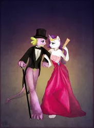 Size: 700x958 | Tagged: safe, artist:cosmicunicorn, derpibooru import, rarity, spike, anthro, unguligrade anthro, abstract background, cane, clothes, eye contact, fan, female, hat, interspecies, looking at each other, male, shipping, sparity, straight, top hat