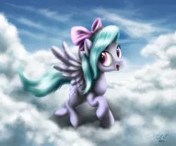 Size: 1800x1500 | Tagged: safe, artist:dcpip, derpibooru import, flitter, pegasus, pony, cloud, cloudy, female, flying, hair bow, happy, mare, open mouth, sky, smiling, solo